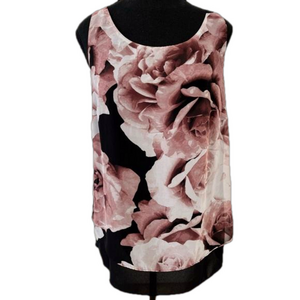JACQUES VERT Sleeveless Blouse Layered Rose Print Split Back Floral Chic